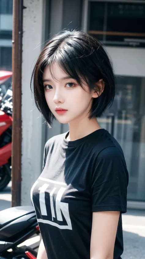 best quality, 1 Girl, dark blue hair, black eyes, Very short hair, Spiky hair, Tshirt, 171 cm, Messy hair, Hair between the eyes, Medium breasts, full, Tomboy, aldult, 20 years old, 1 Girl near red motorcycle