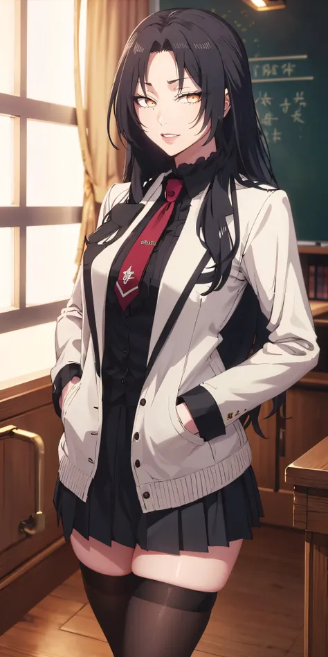 a beautiful woman with long black hair, detailed brown eyes, red lipstick, wearing a miniskirt and pleated skirt, skin-tight outfit, zettai ryouiki, in a classroom setting with spotlight and bokeh, hands in pocket, necktie, tall mature female