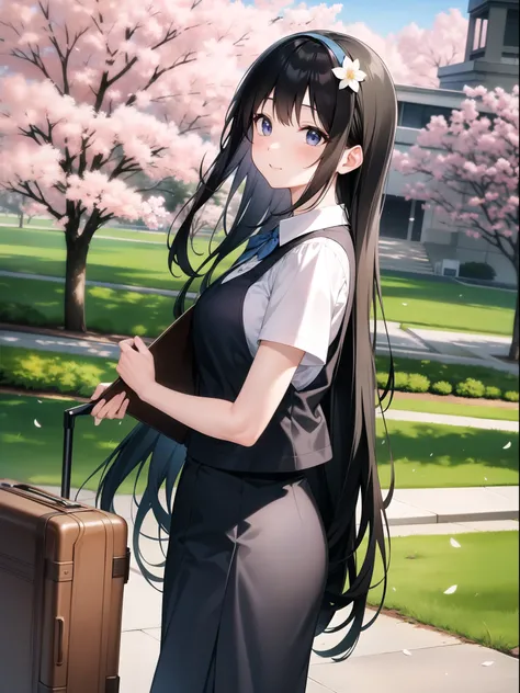 A young woman with long black hair、Wearing a floral vest over a white shirt、Carrying a suitcase、She is wearing a white flower hair accessory.。She has a bright and cheerful look、Standing in front of the Hiroshima Dome。Cherry blossom trees in full bloom々Surr...