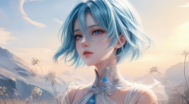 high quality,1 girl，short hair, Super detailed CG illustration of a young man with a calm expression, Stare into the distance，His striking light blue hair blew gently in the desert breeze. The landscape behind him is vast and stunning, Taking viewers into ...