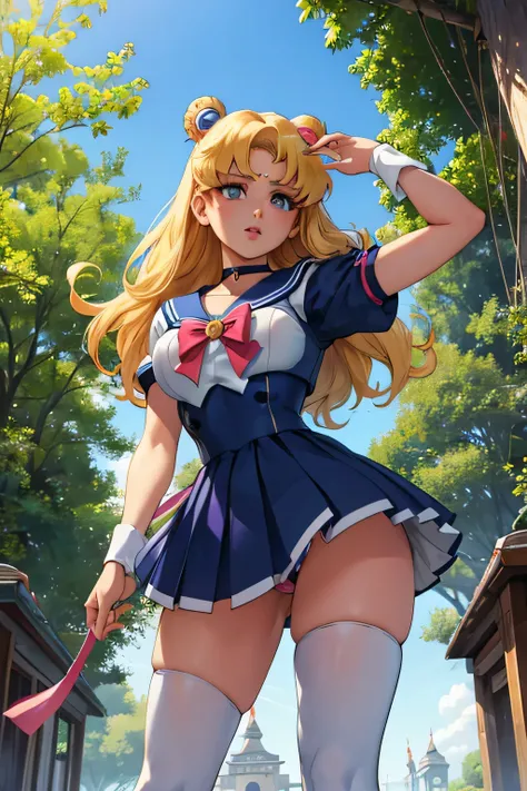 serena tsukino sailor moon, rubia de ojos celestes, dos largas coletas, con pantalon, zapatillas y blusa escotada, de paseo en una arboleda 