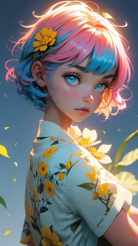 YXYcolor,1girl, only, pink and blue  hair, Flower, hair ornament, hair flower, short curly hair, upper body, bangs, Looking at the viewer, Simple background, leaf, Bob Cut, Plant, shirt, Blue shirt, blunt bangs, yellow flower, red lips, blue eyes

