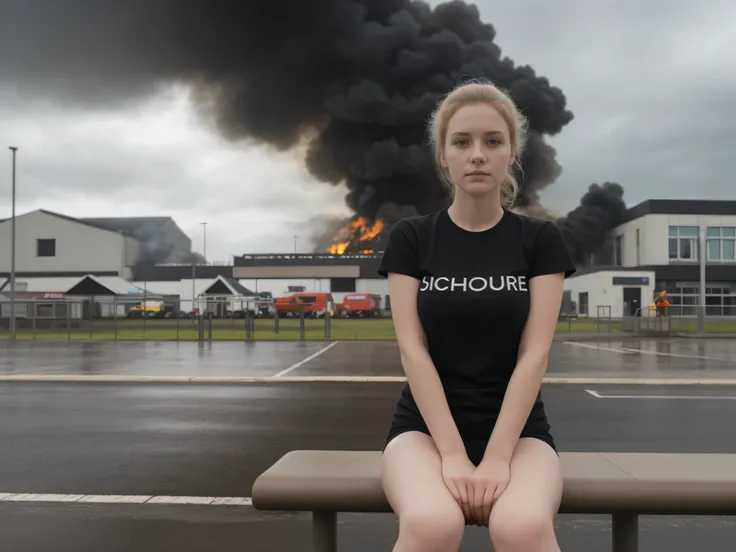 (((high definition))), beautiful school age pale girl wearing bikini bottom, black t-shirt, sitting at a bus station in Scotland, raining, wearing a t-shirt, cloudy skies, crowd in background, burning buildings