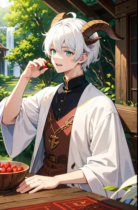 artwork, 8k! Animated Illustration, masterpiece, highly detailed 8k CG unit wallpapers, Incredibly bright colors, White Hair、Goat horns、Green Eyes、male、Fantasy、Pharmacy、House surrounded by forest、The herbs are dried、Laughing、short hair、boy、Berry Short、Uppe...