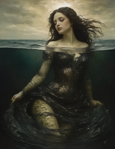 James Gurney, Surrealist art , dream-like, Mysterious, Provocative, symbolic, Complex, detailed,, (Gothic but very beautiful:1.4), (masterpiece, highest quality:1.4) , Nicola Samori Style, a 14 year old beautiful mermaid swimming  in the sea