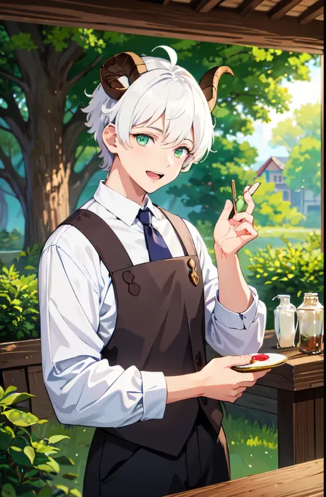 artwork, 8k! Animated Illustration, masterpiece, highly detailed 8k CG unit wallpapers, Incredibly bright colors, White Hair、Goat horns、Green Eyes、male、Fantasy、Pharmacy、House surrounded by forest、The herbs are dried、Laughing、short hair、boy、Berry Short、Uppe...