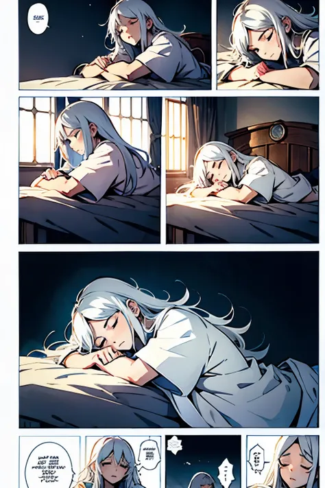 Girl with long white hair sleeping, manga page with panels and dialogue 