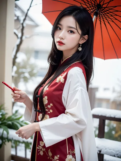 Warm Snow,1girl,solo,umbrella,oil-paper umbrella,blurry,looking at viewer,hair ornament,red lips,upper body,black hair,chinese clothes,depth of field,lips,blurry background,realistic,bokeh,makeup,lipstick,
best quality,masterpiece,illustration,an extremely...