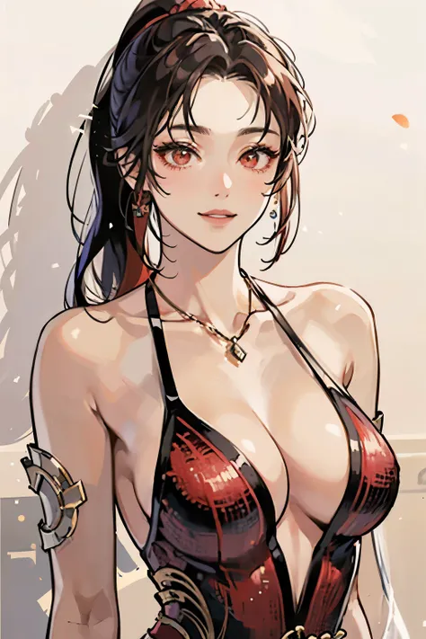 Mai shiranui, Best quality, action pose, masterpiece, realistic, Beautiful sexy cool tall, medium breasts, plunging neckline, slim, fit woman, wearing fancy bright red sequin  dress, athletic body, intricate and highly detailed, cleavage, long hair in a po...