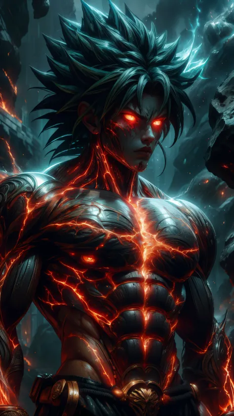 (absurdres, highres, ultra detailed)(masterpiece), (extremely intricate:1.3), (realistic),cyberpunk city,Cinematic Lighting,4k,(masterpiece), (1Broly:1.2),upper body, nvwashireg, burnt clothes,(glowing skin:1.3),(((molten rock skin)))