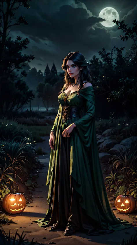 (best quality,4k,8k,highres,masterpiece:1.2),ultra-detailed,(realistic,photorealistic,photo-realistic:1.37), portrait, sorceress, moonlight, pumpkin, eerie glow, spooky, atmospheric, enchanting, dark and enchanting, golden hour, Halloween, mystical, magica...