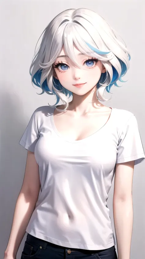 ((best quality)), ((masterpiece)), (detailed), perfect face. Asian girl. Smile. White hair. Blank T-shirt. Small breast. Short pants, Flat chested.