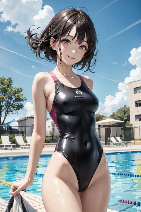 very cute and beautiful girl, (beautiful face and very detailed eyes), (transparent latex 1 piece swimsuit),
standing, at the edge of the swimming pool, small colorful flowers on the meadows,
(smile), looking at viewer, black hair, cowboy photo,
(best qual...