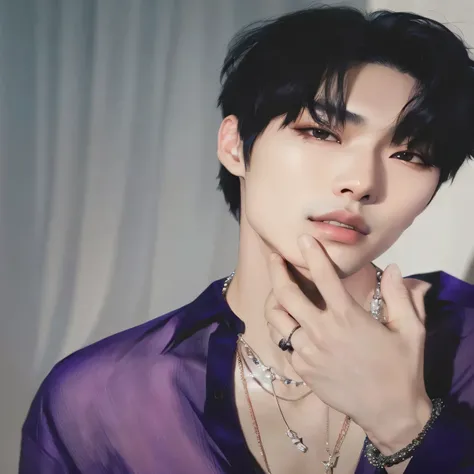 Araffe Asian man wearing a purple shirt and a necklace., kim doyoung, Jung Jaehyun, jinyoung shin, cai xukun, hyung tae, yoongi de pelo negro, kim taejin, Won Bin Lee, jungkook, retrato de jossi de blackpink, Hong June Hyung, beautiful androgynous prince, ...