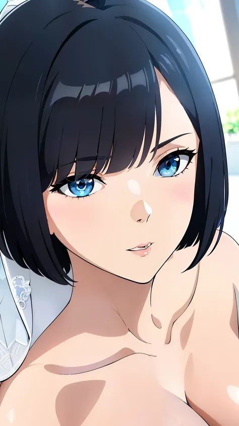 (best quality:1.5, highres, UHD, 4K, detailed lighting, shaders), black hair, bob cut, hair covering one eye, cool woman, cool girl, sharp eyes, blue eyes, beautiful, wedding background, wedding dress, (pov, close shot)