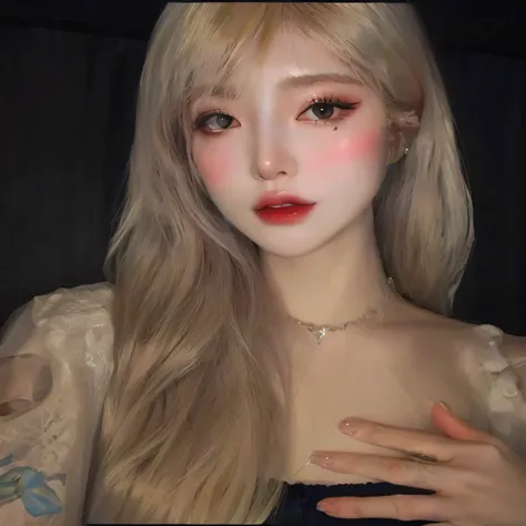 un primer plano de una mujer con cabello largo y rubio y labios rojos, pale porcelain white skin, maquillaje popular de corea del sur, ulzzang, cara sexy con maquillaje completo, pale milky white porcelain skin, Maquillaje coreano popular, muchacha coreana...