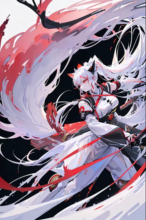 ((solitary), (anime fox demon girl with long white hair and ponytail), (with a katana、fox girl in white and black dress), (red e...