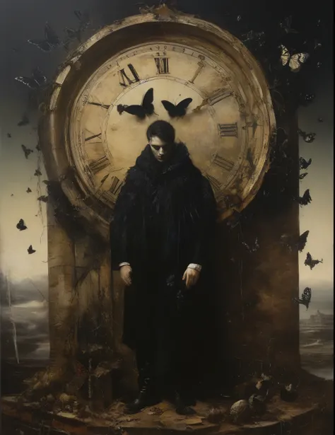 James Gurney, Surrealist art , dream-like, Mysterious, Provocative, symbolic, Complex, detailed,, (Gothic but very beautiful:1.4), (masterpiece, highest quality:1.4) , Nicola Samori Style, Butterflies, crows and young men, clock