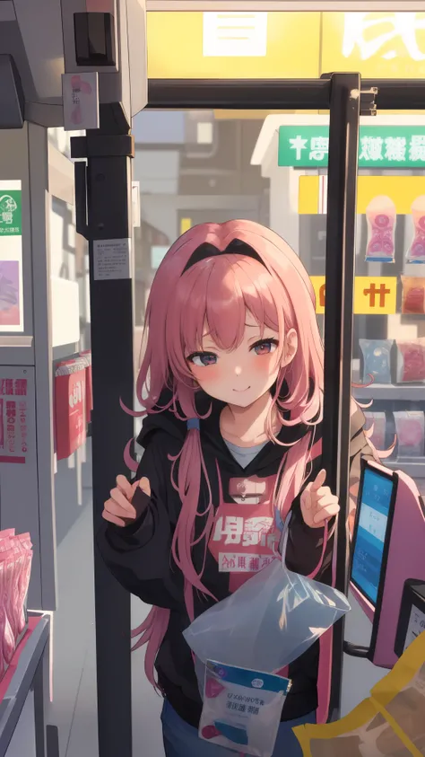 masterpiece、high resolution、high quality、Faithfully reproduced、A girl came to the convenience store to buy condoms、She shyly bows her head and hands the condom to the cashier.、Girl waiting in line at the cash register、(((pov:1.5)))