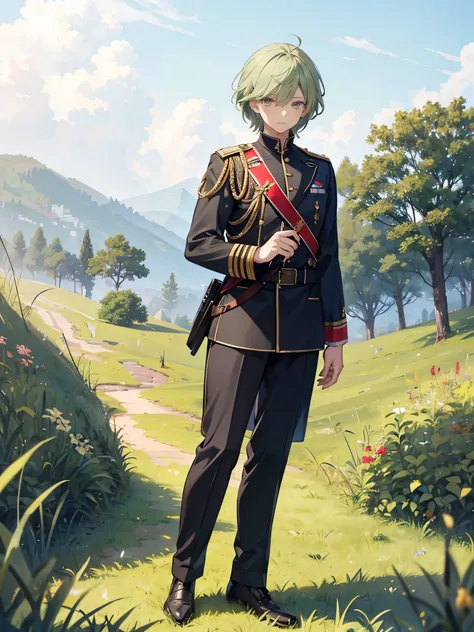 Wanderer, Handsome, Detailed face, detailed hairs, High quality, ((military uniform)), ((Grass green hair)), ((Gray Eyes)), full body