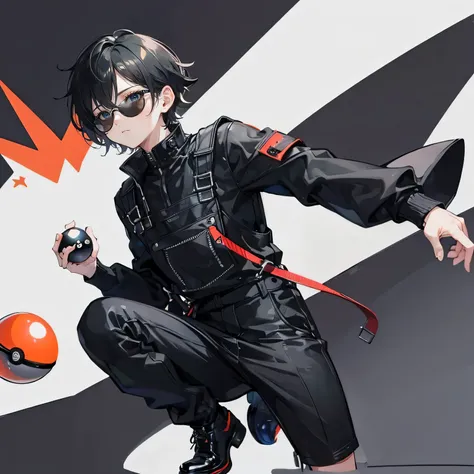 masterpiece, highest quality, High resolution, Black short hair,boy，Wearing sunglasses，Overalls，Black jacket，Black boots，whole body，Mini Dragon(Have a Poke_ball), poke ball (Basic),
