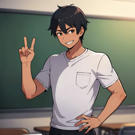 calidad superior, Obra maestra, Anime illustration of a boy with black hair and brown eyes, he wears a , he is smiling while in a classroom, he is tall and muscular 