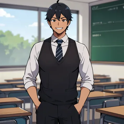 calidad superior, Obra maestra, Anime illustration of a boy with black hair and brown eyes, he wears a , he is smiling while in a classroom, he is tall and muscular 