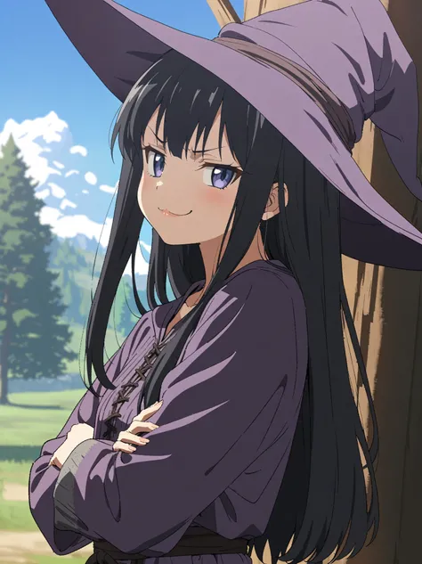 {{upper body}} {{Artist: sincos}} 1girl, solo, black hair, long hair, purple eyes, straight hair, blue eyes, lips, small breasts, crossed arms, purple robe, witch hat, smug, looking at viewer, dark, leaning back, tree, clear weather, medieval fantasy.
