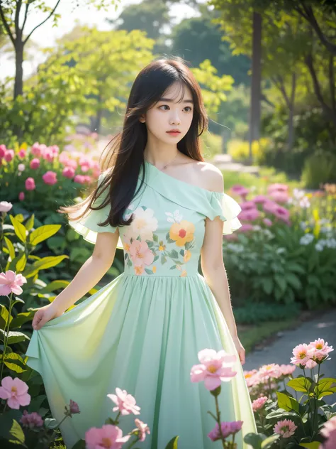 woman, flower dress, colorful, darl background,flower armor,green theme,exposure blend, medium shot, bokeh, (hdr:1.4), high contrast, (cinematic, teal and orange:0.85), (muted colors, dim colors, soothing tones:1.3), low saturation,