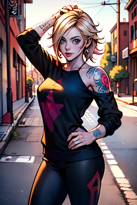 Ryan Ashley Malarkey, perfil portrait image of a woman with long light blond and black curly hair, red eyes, she wears social clothes and have a lot of ((tattoos on her body)). She is smiling like a villain, with a moon tattooed on her face, she is on a da...