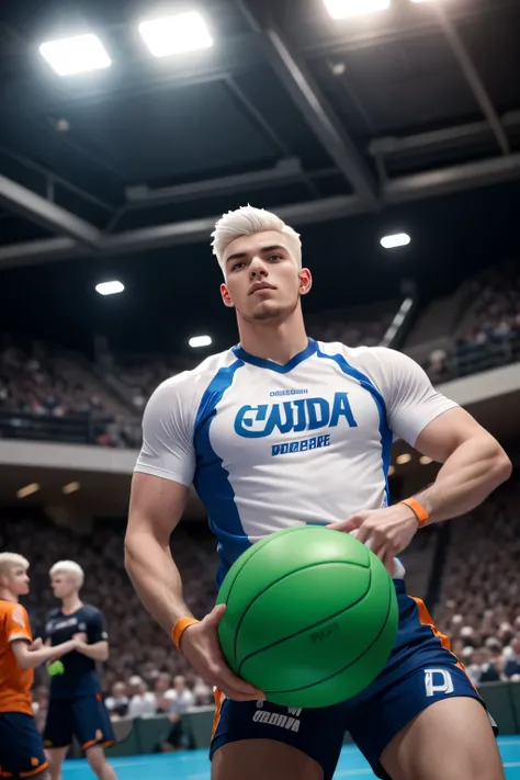 Dodgeball player, handsome 25-year-old boy, his hair is platinum white graduation cut, he wears the teams uniform, with blue and orange colors, he is holding a green ball, around him there is a white aura of power , in the background of the blurred image w...