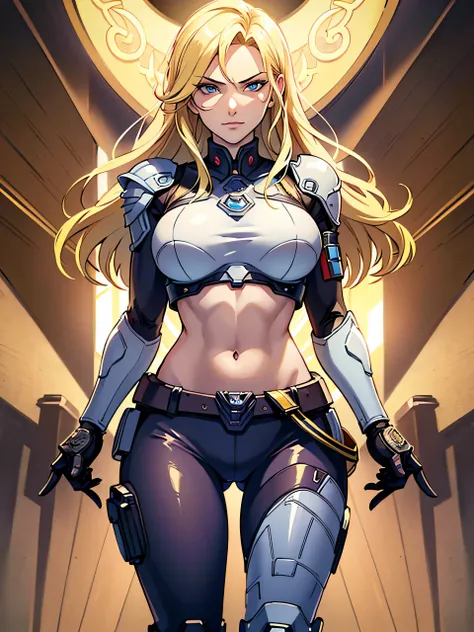 (masterpiece), best quality, expressive eyes, perfect face, masterpiece, digital artwork, A gorgeous blonde woman, wearing a skimpy battlesuit, exposed midriff, navel, bosom,  highly detailed, dynamic cinematic lighting, intricately detailed, smirking, (ma...