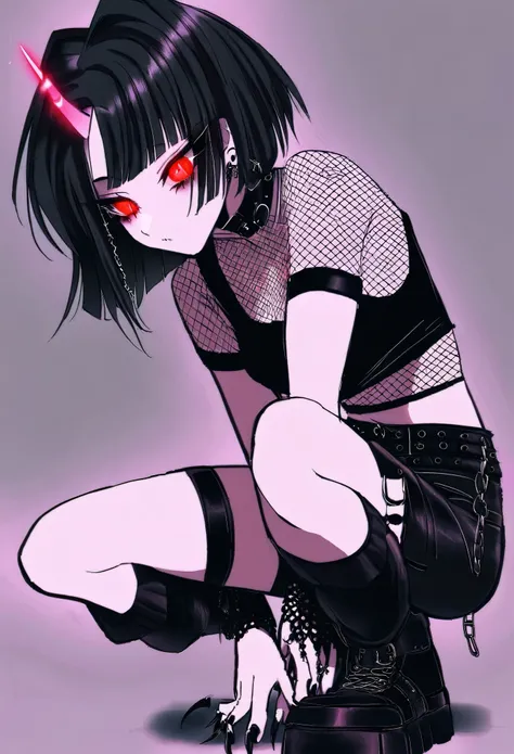 edgPastelGoth, masterpeice, goth girl, black hair, short hair, eyes partially covered by hair, black crop shirt, dark jeans shorts, black sneakers, fishnet shirt, black fingernails, choker, red eye, glowing eye, one side demon horn, crouching down, looking...