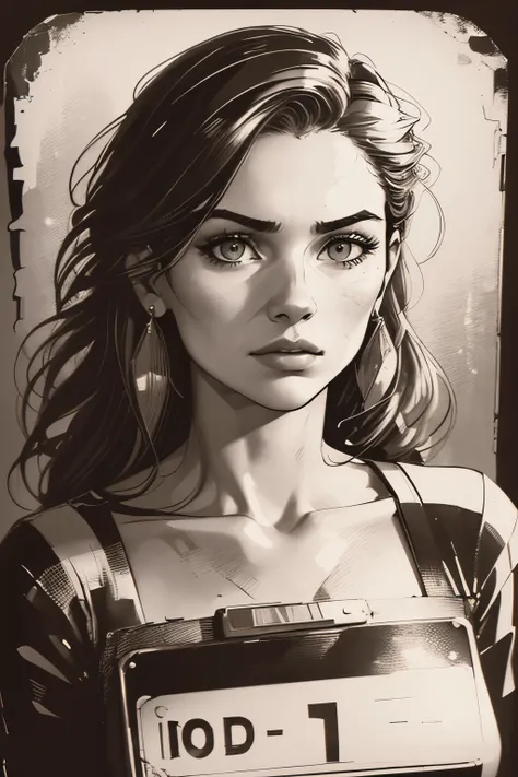 A girl in a mugshot, sketch, black and white, detailed features, vintage style, high contrast lighting, expressive eyes, tousled hair. (best quality, highres, realistic:1.37), vintage, monochrome, intense gaze, dramatic lighting, rugged background, distres...