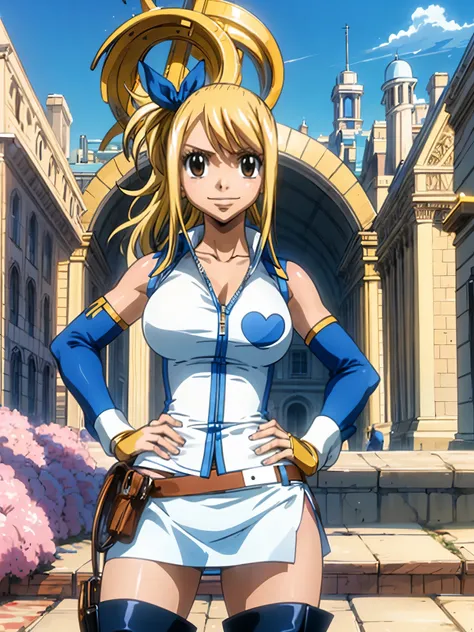 (masterpiece, best quality:1.2), solo, 1girl, lucy heartfilia, smile, looking ta viewer, hands on hips, blue sleeveless, miniski...