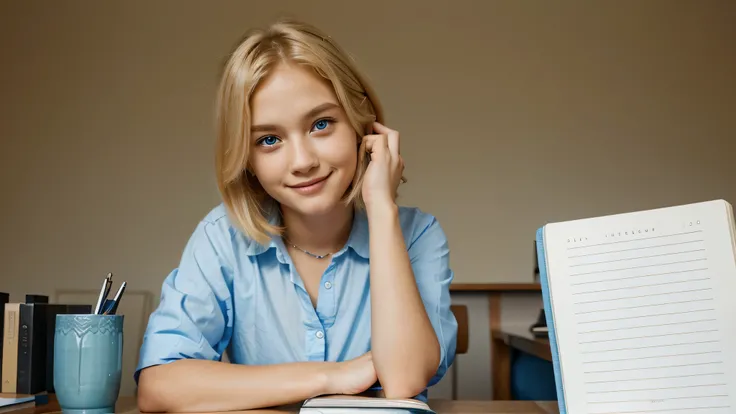 Sitting next to me at my study desk, a girl. Blonde bobbed hair. Blue, beautiful, clear eyes. She looks at me with an angelic smile. On her desk is a notebook, a pen, and a reference book. We study together.