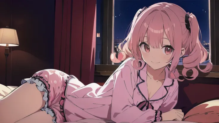 Very detailed, Detailed Background,　(highest quality, masterpiece, High resolution), One girl,　Demure,　(Curly Hair:1.4), Twin tails, smile,　 Mid-chest, Pink Hair,  Upper Body, pajamas,　long hair、　(night:1.4),　Dimly lit room, reluctant machine