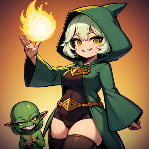 A cute green-SKIN goblin shortstack, slightly pudgy, female goblin dressed in magic robes with a big hanging hood, homding two orbs of magical fire energy