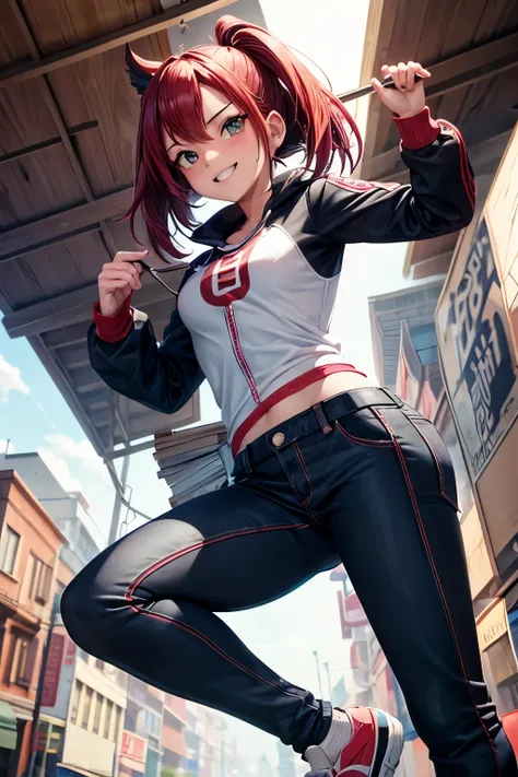 Captura de pantalla de boku no hero, personaje original , una chica con pelo muy corto y rojo, Ojos rocafes, UA en el fondo, boku no hero academia, high resolution, apartar, enfoque femenino, cara sonriendo un poco, boca cerrada, viste una polera negra y u...