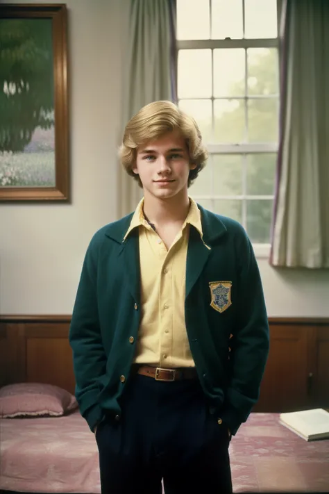 Hampden College, 1982, dark academia. A young ((((19-year-old)) Edmund Corcoran)), friendly, in the college comon room, ((((clothings from the 1980s)))), ((blonde hairstyle of the 1980s)), ((colorful, Monet))