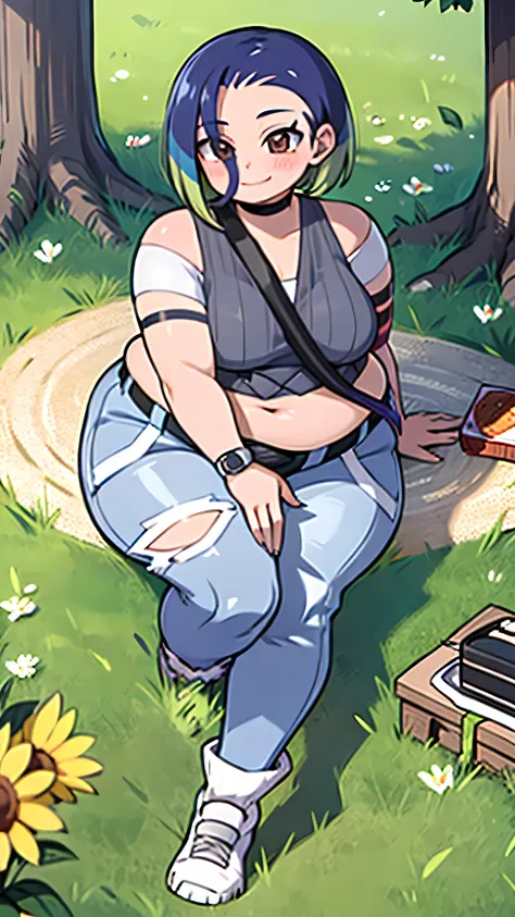 Perrin, blush,looking up,closed mouth,smile, chubby, fat girl, park, sunny day, happy eyes, fat belly, holding a camera, pokeballs, wristwatch, a black crop top, white undershirt, blue jeans held by a black belt with a hole on the leg, a purple choker and ...