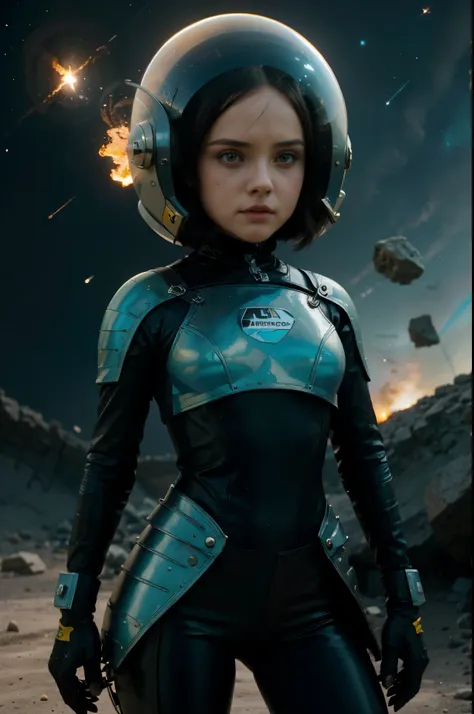 a cracy toon rocketeer space girl like christina ricci with helmet, tongs in hands, tv head, pinhead, black and yellow pink cyan...