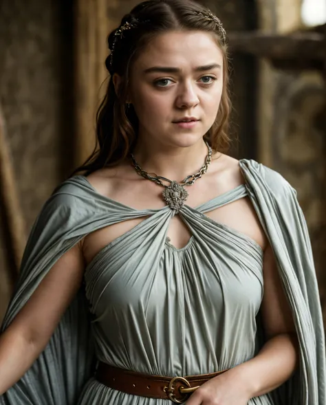 Foto RAW, Arya Stark, Extremely gorgeous lady, Arya Stark PLAYED BY MAISIE WILLIAMS, Queen Arya Stark, she  a mature woman now, milf, sexy mediaeval battle dress, gladiator woman, body, 40 years old Woman, body revealing costumes, perky breast, big natural...