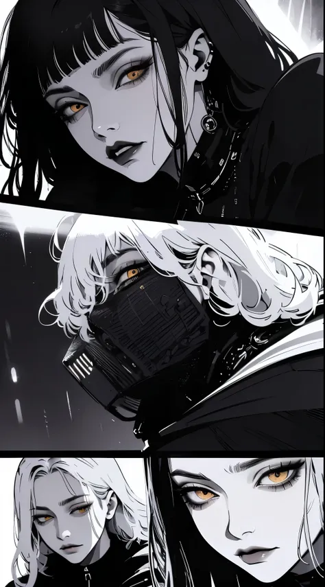 high detail, masterpiece, dramatic lighting(absurdres, highres, ultra detailed), extremely detailed CG unity 8k. mature face, adult woman, woman, mature woman, piercings, medium black with white hair and bangs, fangs, yellow eyes, black modest clothing, ma...