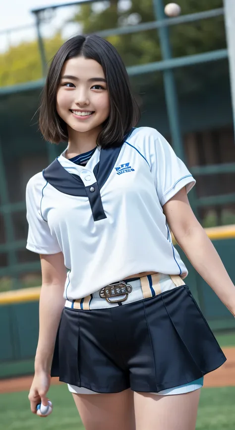 （8k、Raw photography、highest quality、masterpiece：1.2),(Black-haired、Very short hair:1.8),(ponytail:1.3)、View your viewers,Viewed from the front,White skin,(high school girl、Light blue baseball uniforms:1.7)、(Tight waist:1.6)、(Clothes that accentuate the sha...