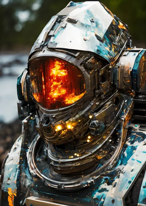 Portrait photo of transparent camo worn mech suit, ((light bokeh)), intricate, ((translucent) liquid water [rust]), elegant, sharp focus, photo by greg rutkowski, soft lighting, vibrant colors, masterpiece, ((streets)), detailed face