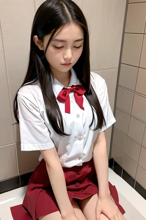 15 year old beautiful girl in school toilet、sit with your legs wide open on the toilet bowl,、Completely naked、Beautiful slender girl with long black hair with closed eyes、Sailor uniform with red ribbon on chest only、Short red skirt、Sitting on one toilet se...