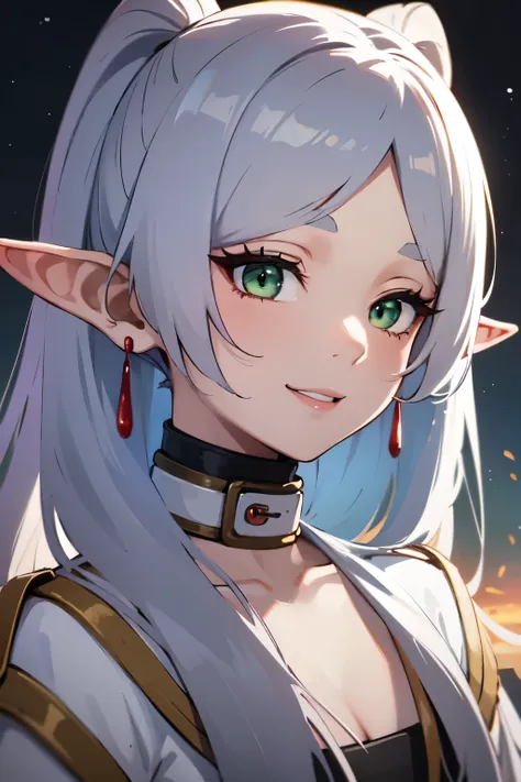 ((best quality)), ((masterpiece)), (detailed), perfect face. asian girl. silver hair. green eyes. elf ears. smile.