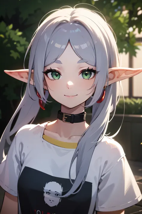 ((best quality)), ((masterpiece)), (detailed), perfect face. asian girl. silver hair. green eyes. elf ears. smile. t-shirt.