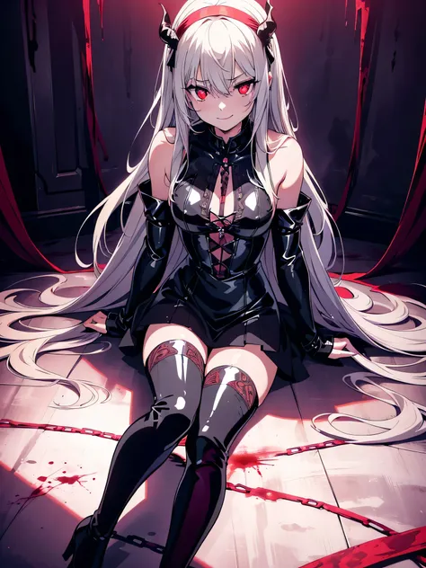 1  girl , girl is like lucifer , (((dark lighting))) ,((tied up with snakes)) ,full body, cinematic lighting , (Faintly emerge from the darkness) , cinematic angle , ((blood sea)) , (rape face) ,black long straight hair, hair ribbon , red eyes,black dress,...